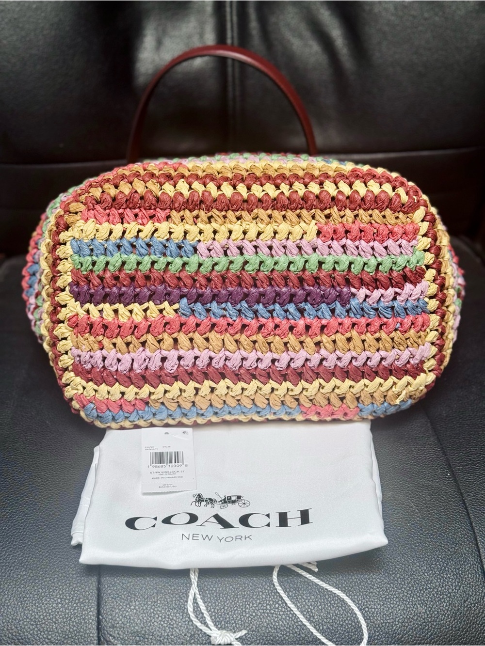 NWT COACH MULTICOLOR STRAW LARGE KISSLOCK 27 BAG CDZ29 In Multi - Picture 7 of 13